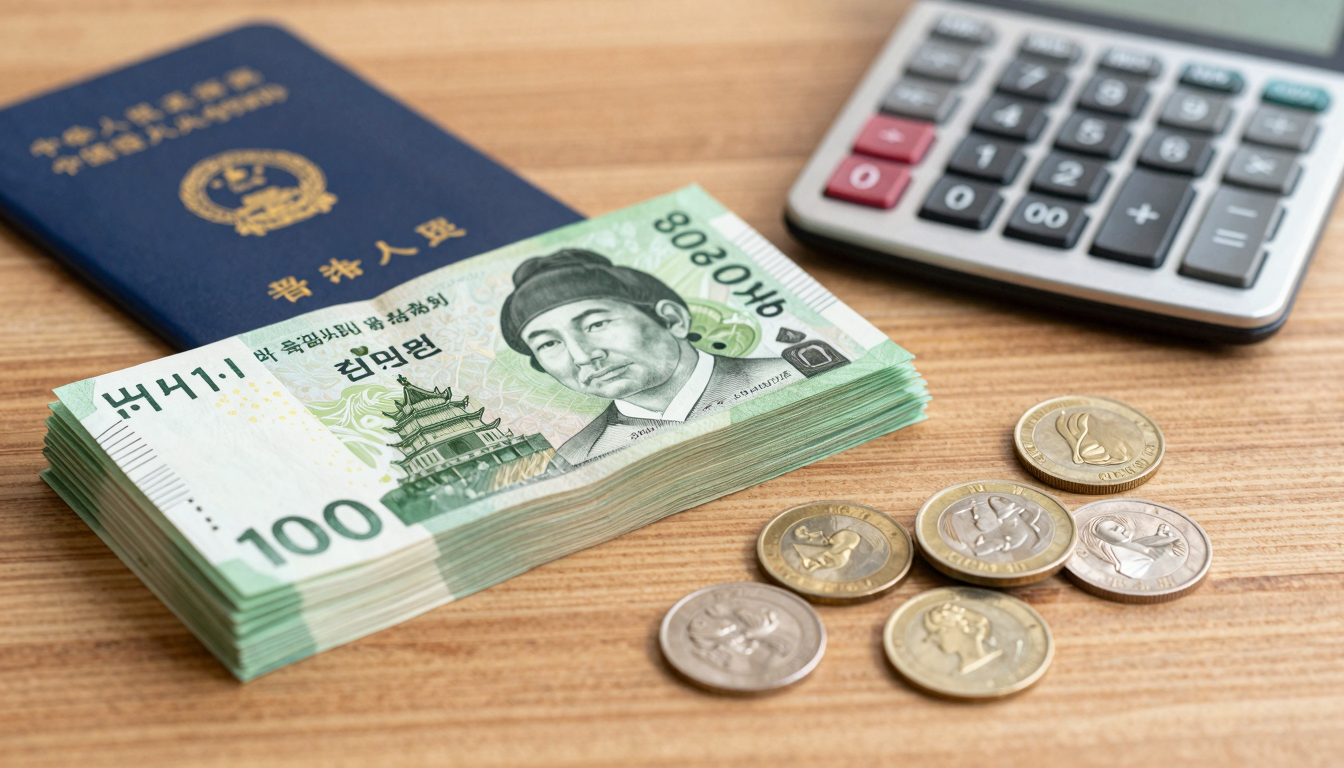 나무 테이블 위에 놓인 한국 은행권과 동전, 통장, 계산기의 모습. 상속세 관련 현금 증여를 암시하는 분위기.