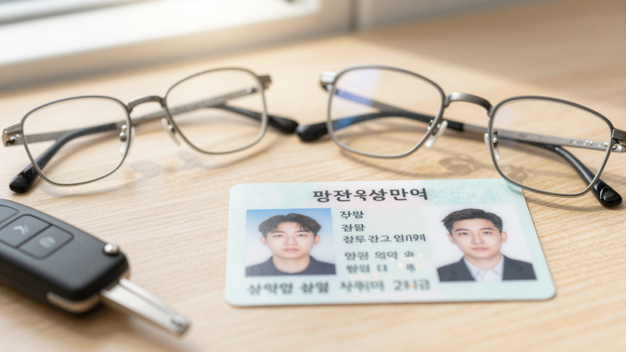 나무 테이블 위에 놓인 운전면허증과 자동차 키, 돋보기 안경이 따뜻한 아침 햇살을 받고 있는 정물 사진