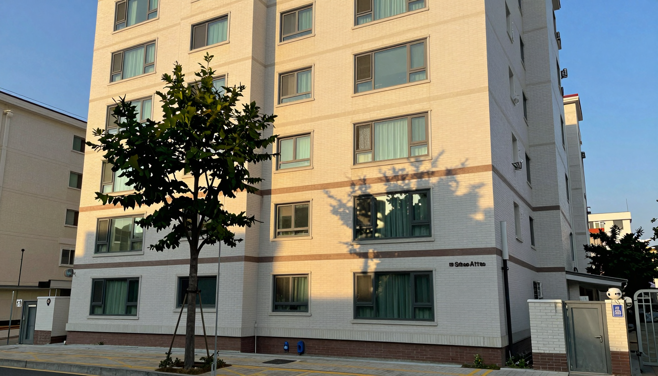 고층 아파트 외관에 나무 그림자가 드리워진 모습, 상속 주택을 상징하는 이미지
