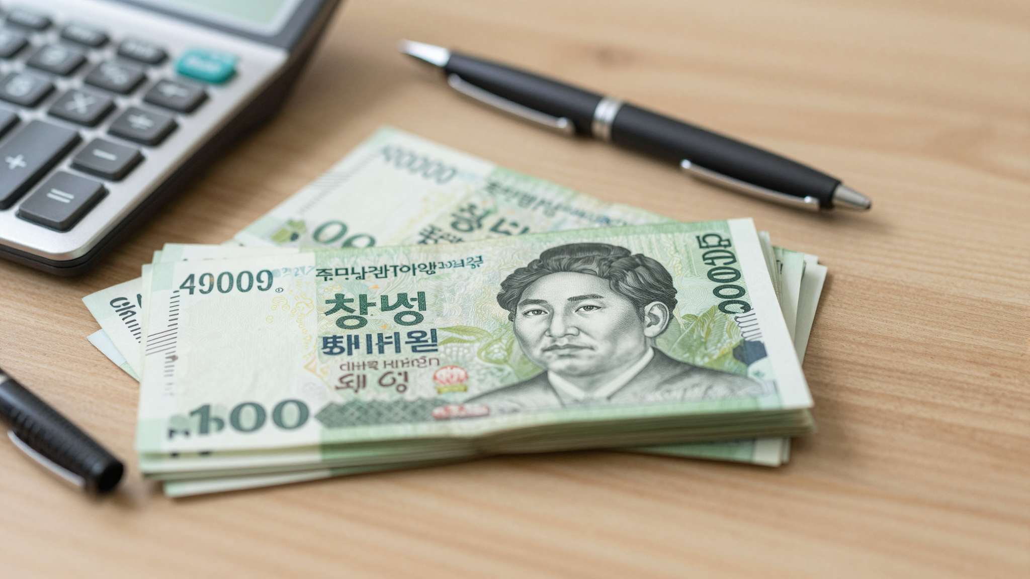 나무 책상 위에 놓인 은행 통장과 현금 뭉치, 계산기, 펜이 담긴 현실적인 생활 이미지