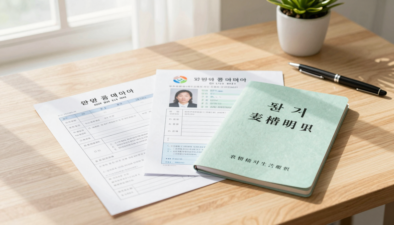 나무 책상 위에 놓인 건강보험료 감면 신청서와 농지원부, 주민등록등본 등 농업인 건강보험 감면 신청에 필요한 서류들