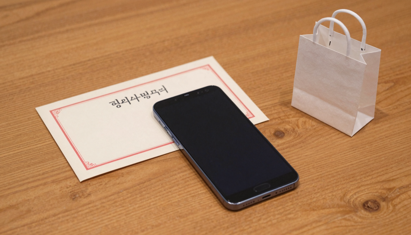 삼성 갤럭시 스마트폰과 함께 놓인 온누리상품권 봉투와 쇼핑백, 따뜻한 조명 아래의 생활 이미지