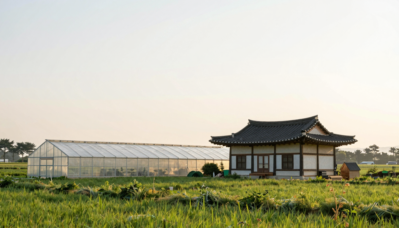 한국 농촌 풍경 속 작은 비닐하우스와 주택이 있는 평화로운 아침 풍경