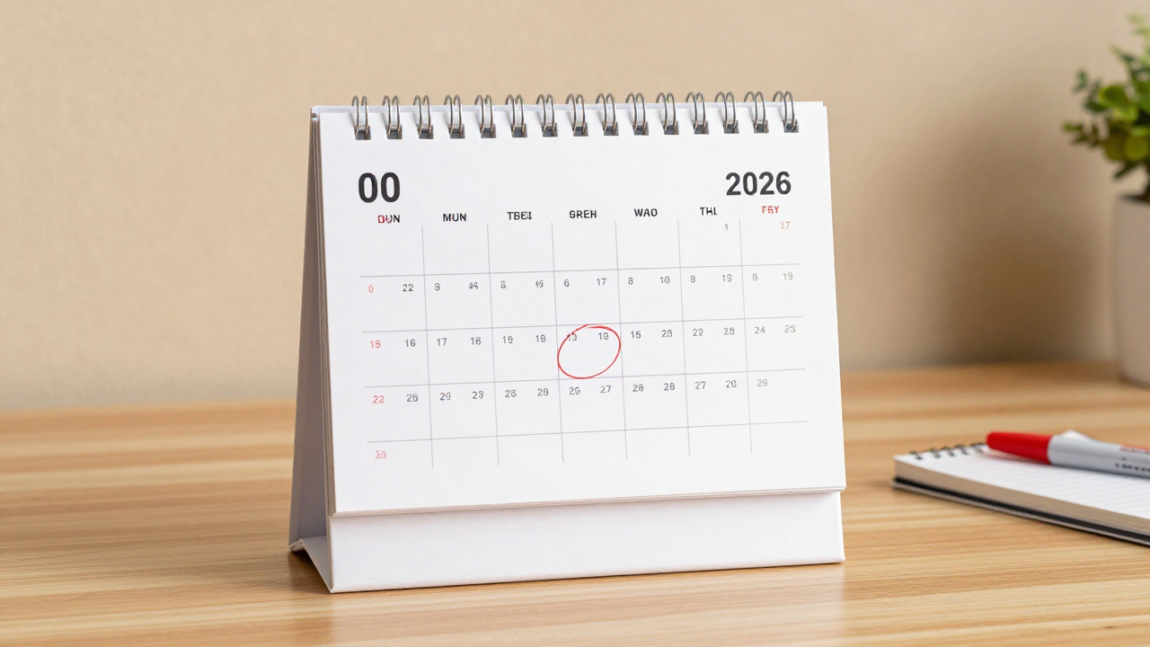 2026년 10월, 11월, 12월 달력에 빨간펜으로 마감일이 표시된 책상 위 모습